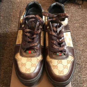 GUCCI MONOGRAM CANVAS BROWN LEATHER TESS LACE UP